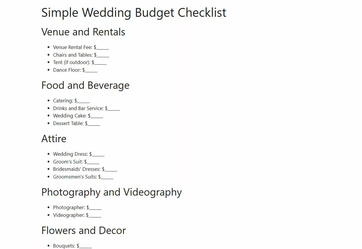 simple wedding budget checklist template